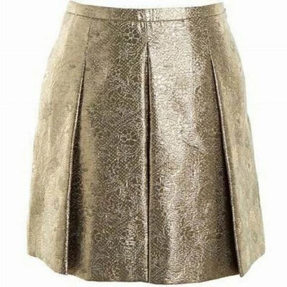 Club Monaco Gold Skirt Mini Pleated Brocade Skater Pockets Lined Side Zip Sz 00 - Picture 3 of 13